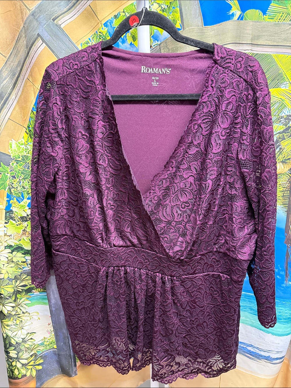 Roaman's Lace Wrap Peplum Top in Plum